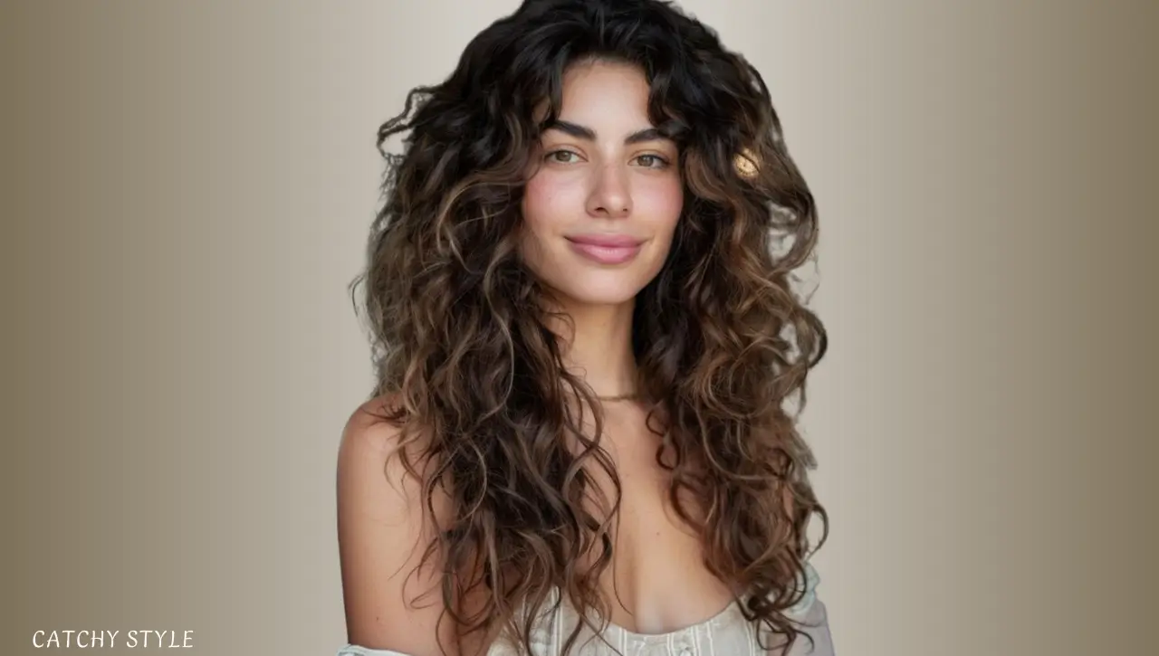  Butterfly haircut with bangs on curly hair for a defined, voluminous shape