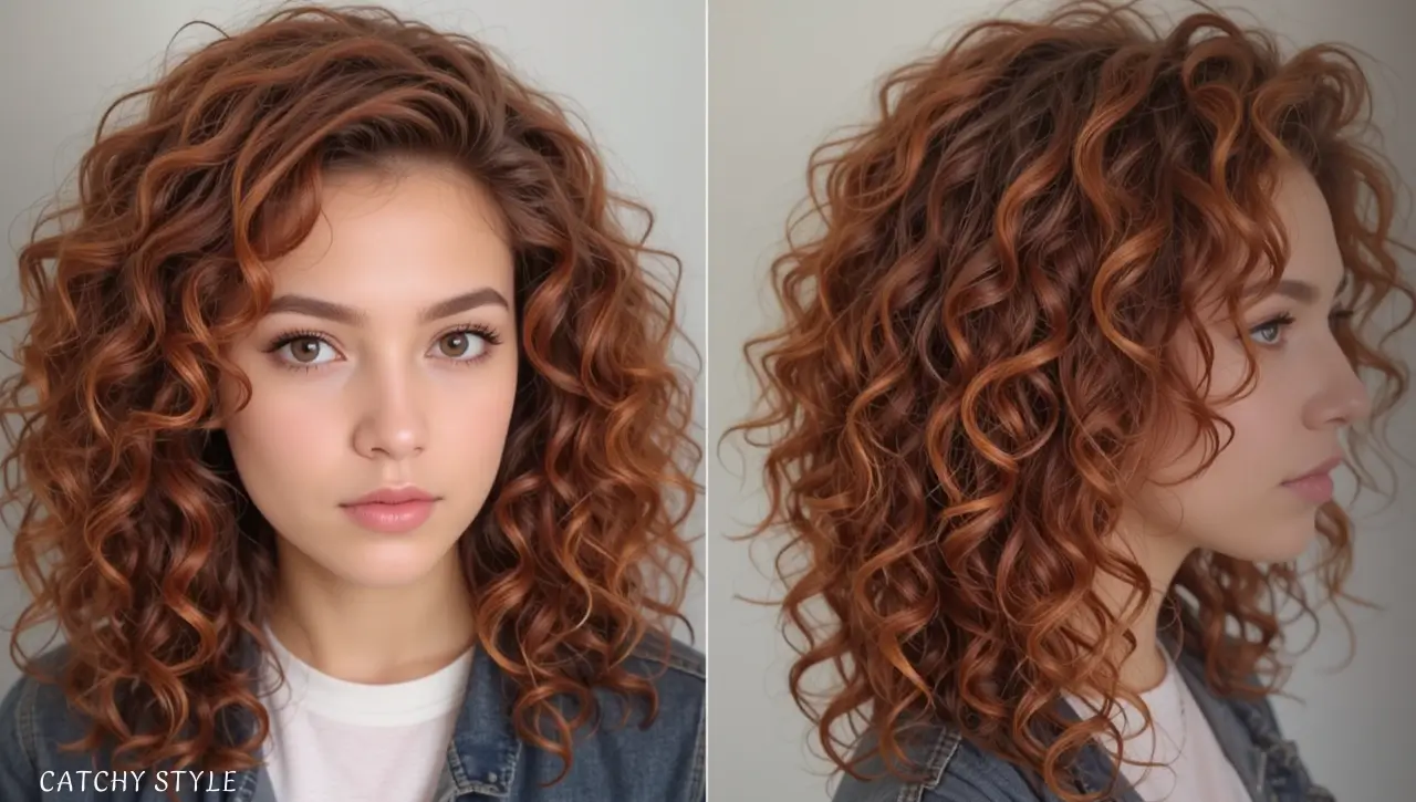 Curly Long Wolf Haircut in Warm Copper Tones