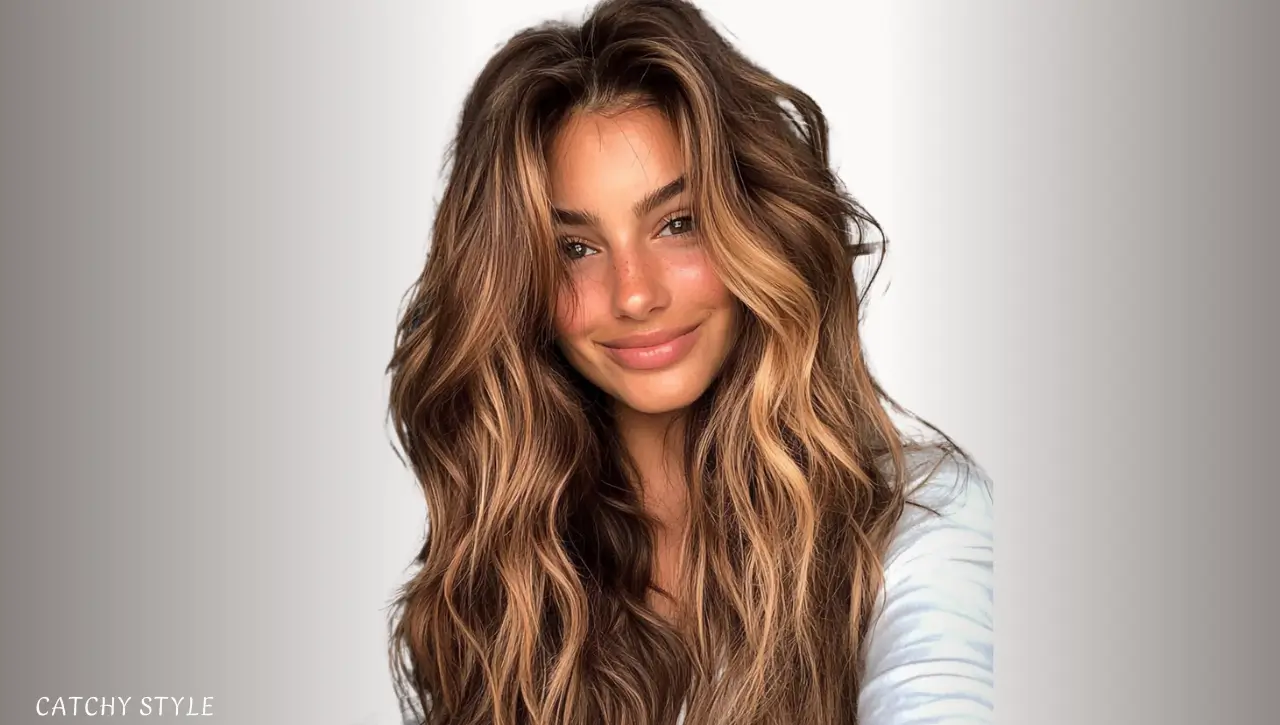 Long Wavy Wolf Haircut with Caramel Highlights