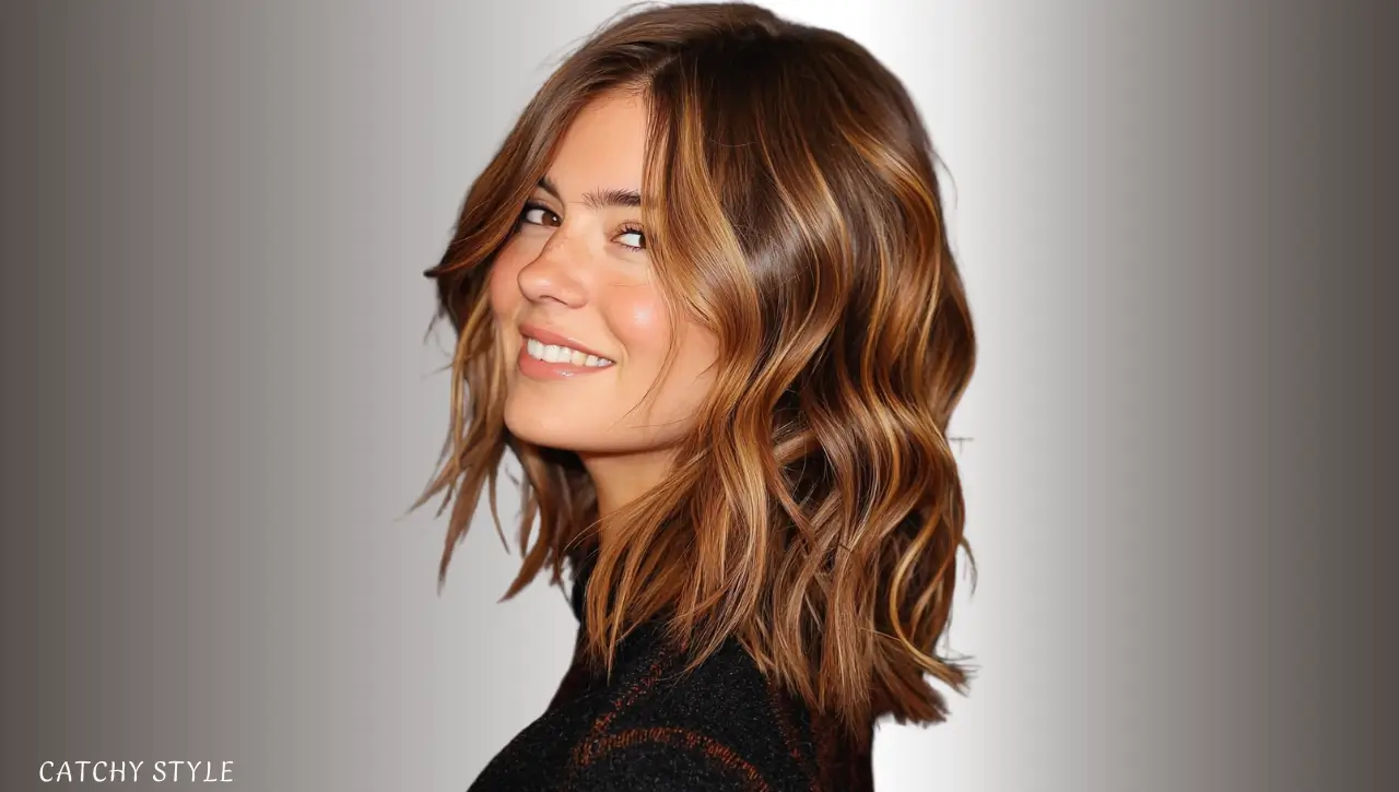 Medium-Length Wavy Wolf Cut in Caramel Brown