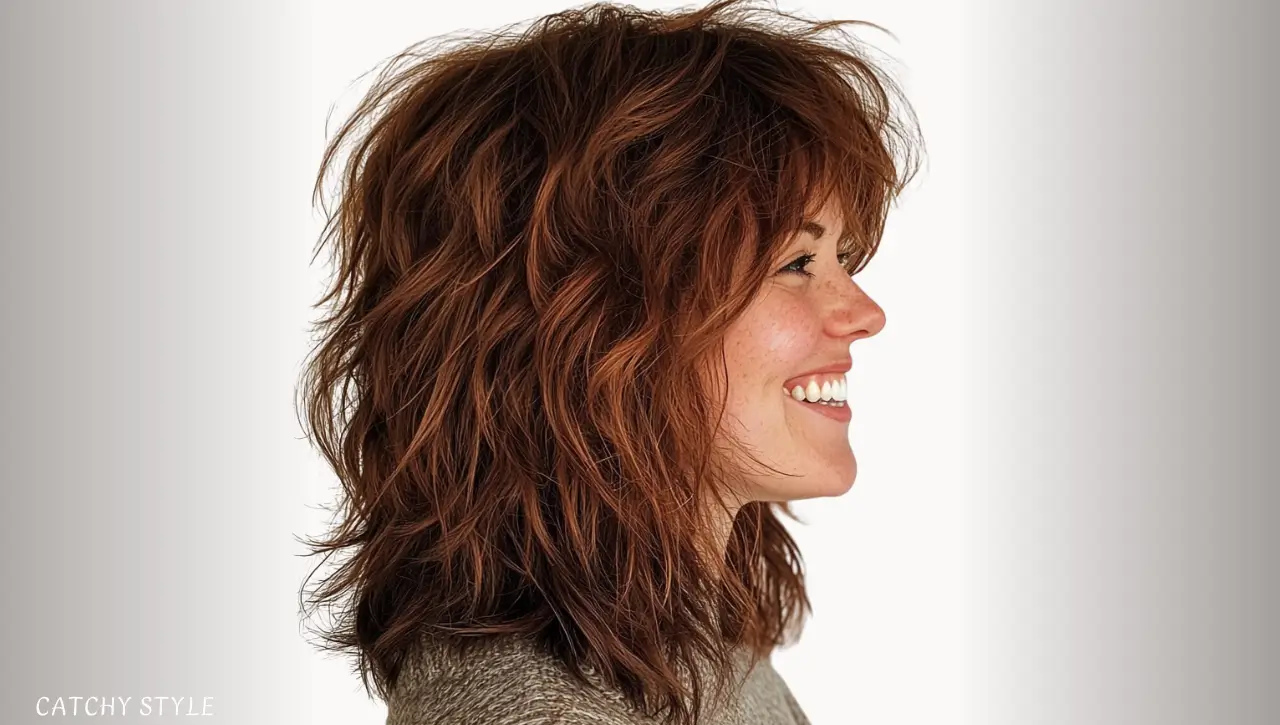 Mid-Length Shaggy Wolf Cut in Deep Chestnut Brown