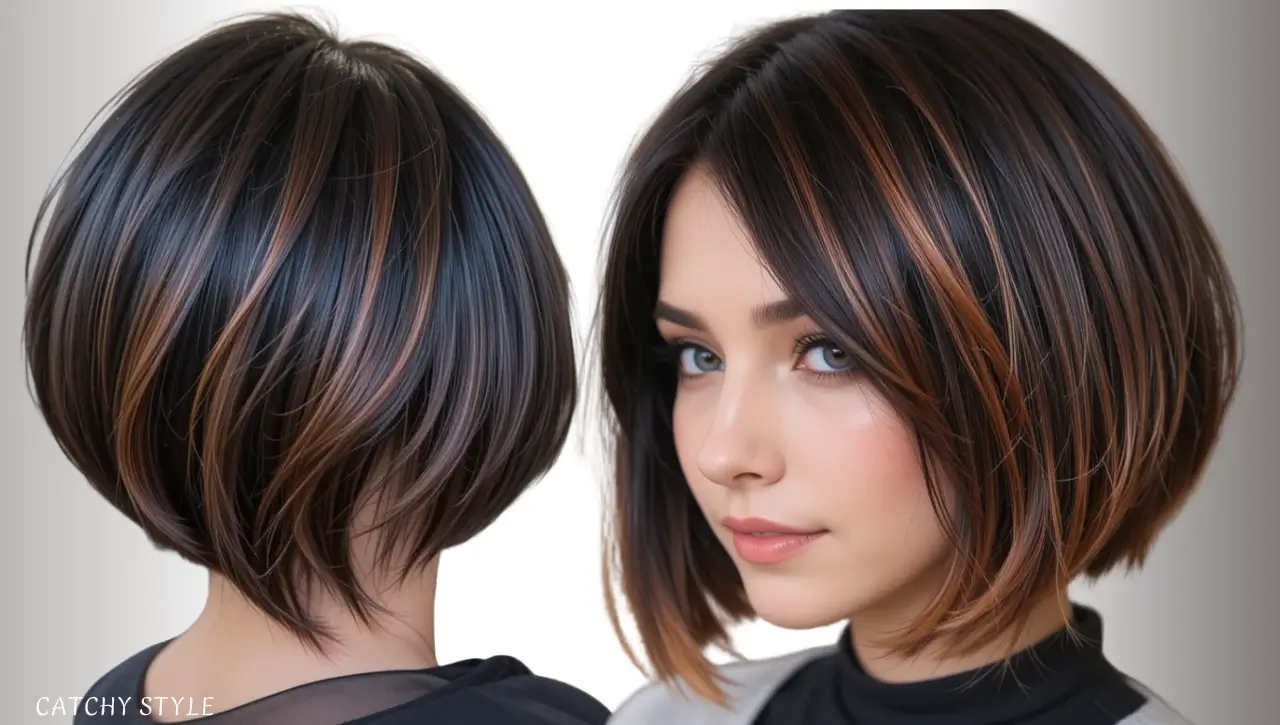 Short Black Bob with Copper Balayage Short Black Bob with Copper Balayage