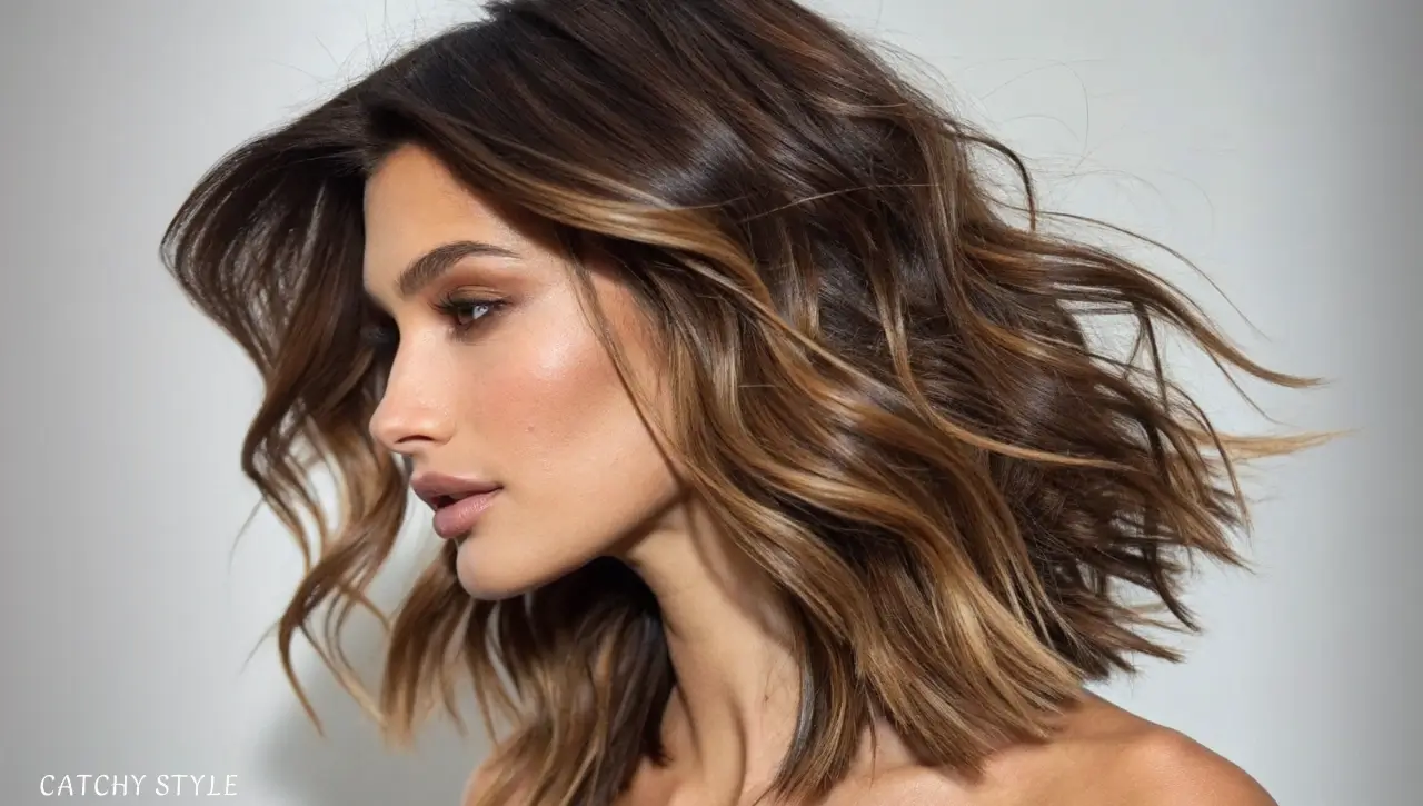 Dimensional hairstyle in brunette contrast hair color with rich high and low shades of deep brown for a bold and modern style Woman with brunette contrast hair color featuring high and low deep brown shades