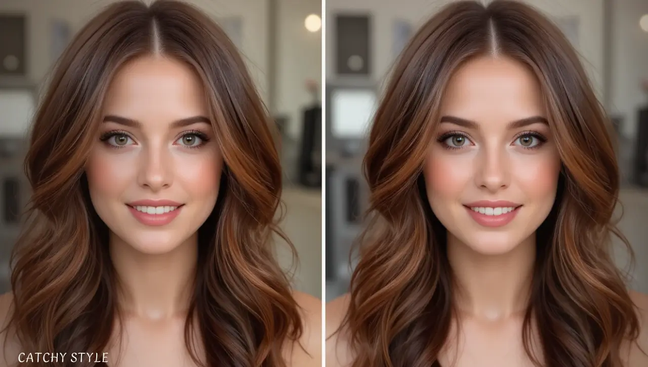 Elegant hairstyle in rich Cappuccino Chestnut hair color for a soft, warm, and sophisticated appearance Woman with glossy Cappuccino Chestnut hair color