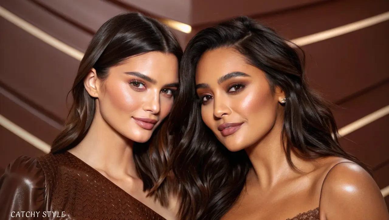 Luxurious hairstyle in rich Chocolate Brown hair color for a warm and sophisticated appearance Woman with glossy Chocolate Brown hair color