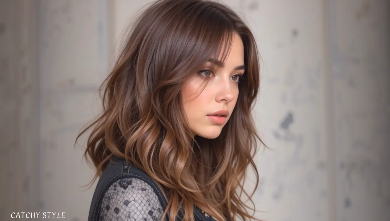 Elegant hairstyle in rich Chocolate Mousse hair color for a soft, warm, and sophisticated appearance Woman with glossy Chocolate Mousse hair color