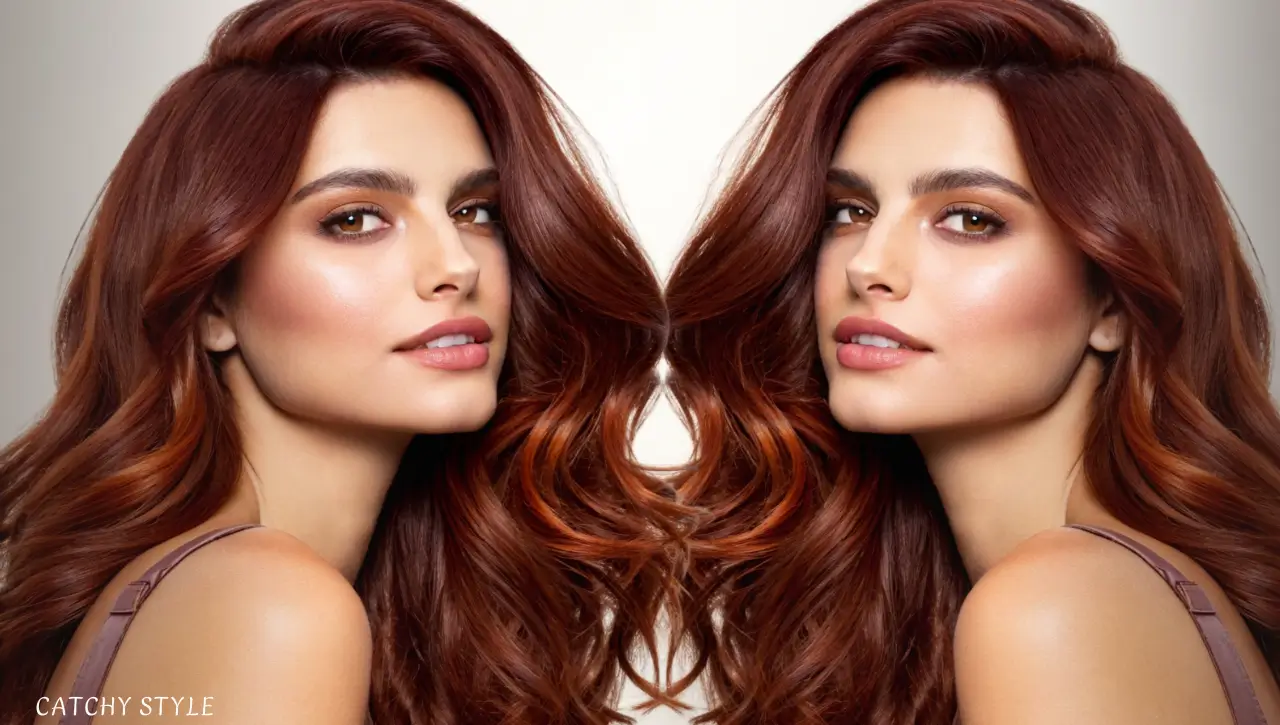 Elegant hairstyle in rich Deep Auburn hair color for a warm, bold, and sophisticated appearance Woman with glossy Deep Auburn hair color