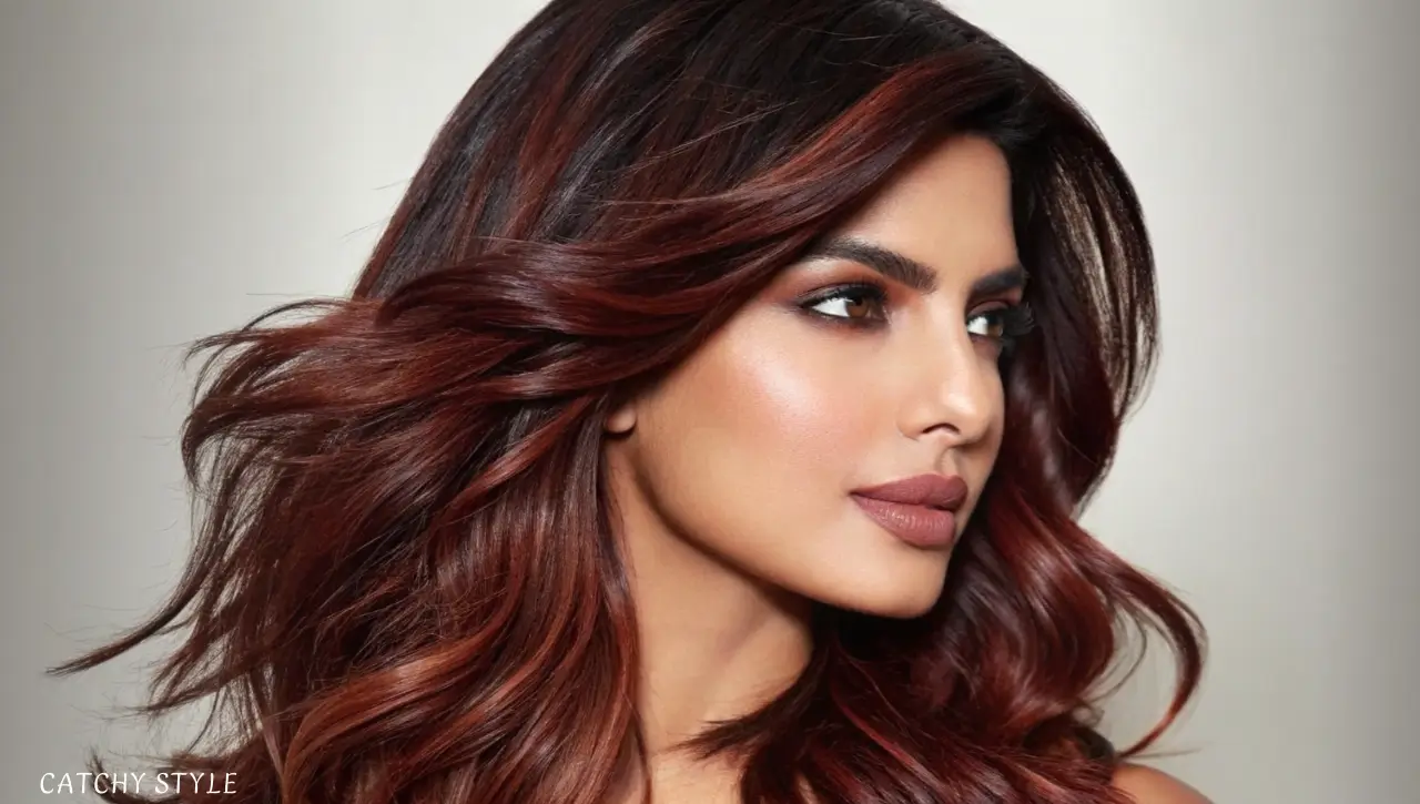 Elegant hairstyle in rich Deep Chestnut hair color for a warm and sophisticated appearance Woman with glossy Deep Chestnut hair color