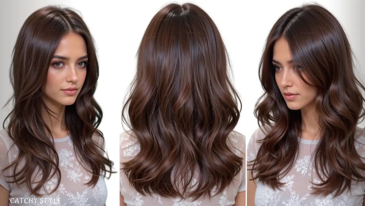 Stylish hairstyle in rich Espresso Martini hair color for a bold and sophisticated appearance Woman with sleek Espresso Martini hair color