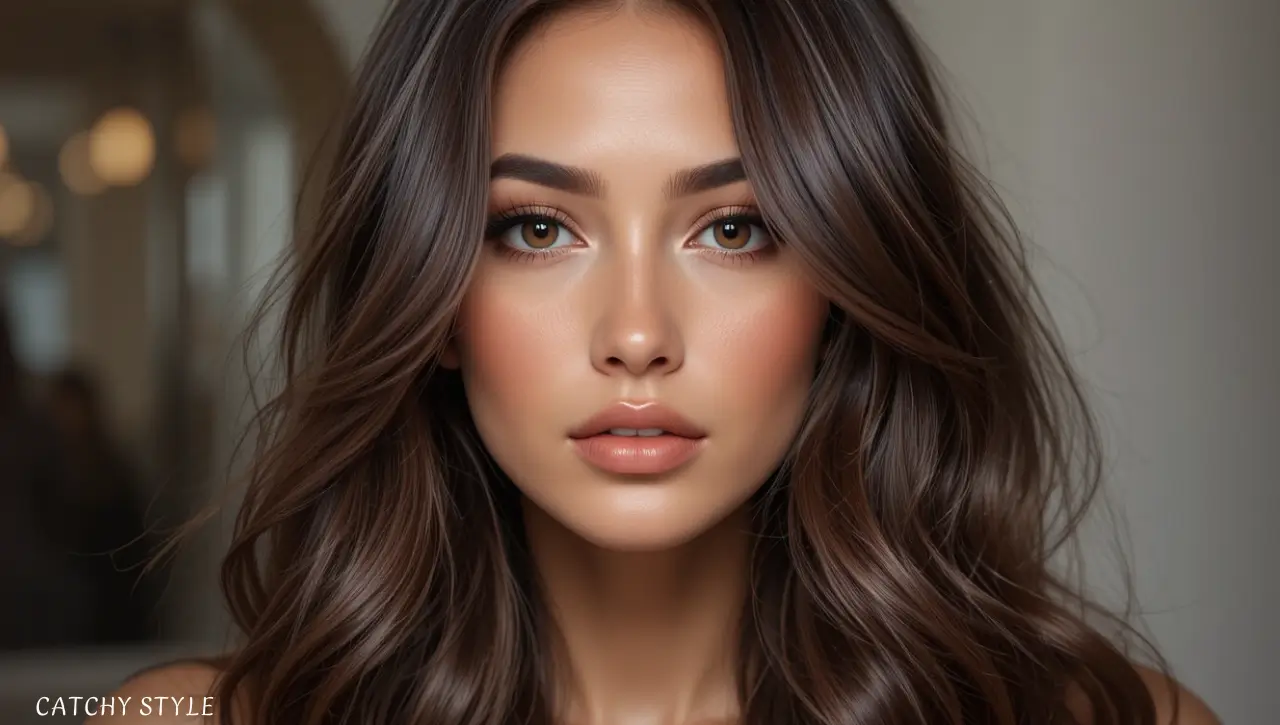 Elegant hairstyle in glossy brunette hair color for a sleek and sophisticated appearance Woman with sleek glossy brunette hair color