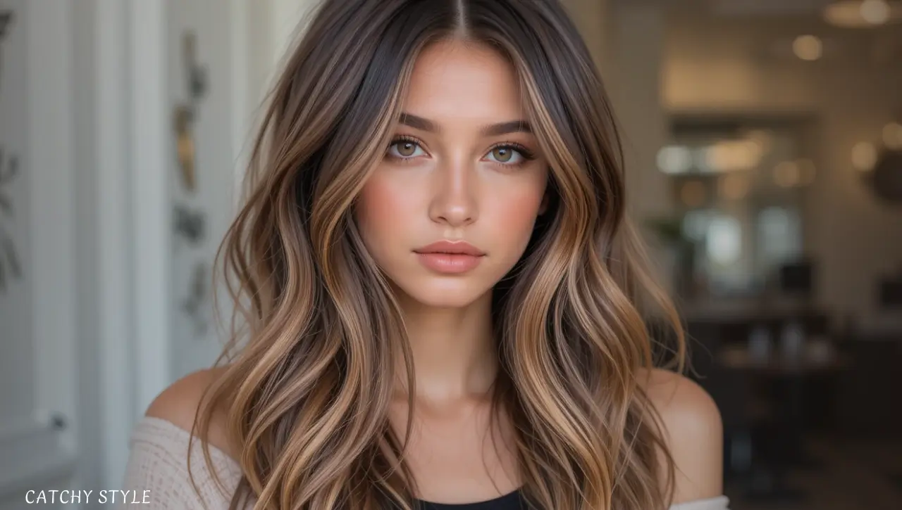 Luxurious hairstyle in rich Mocha Caramel hair color for a warm and radiant look Woman with glossy Mocha Caramel hair color