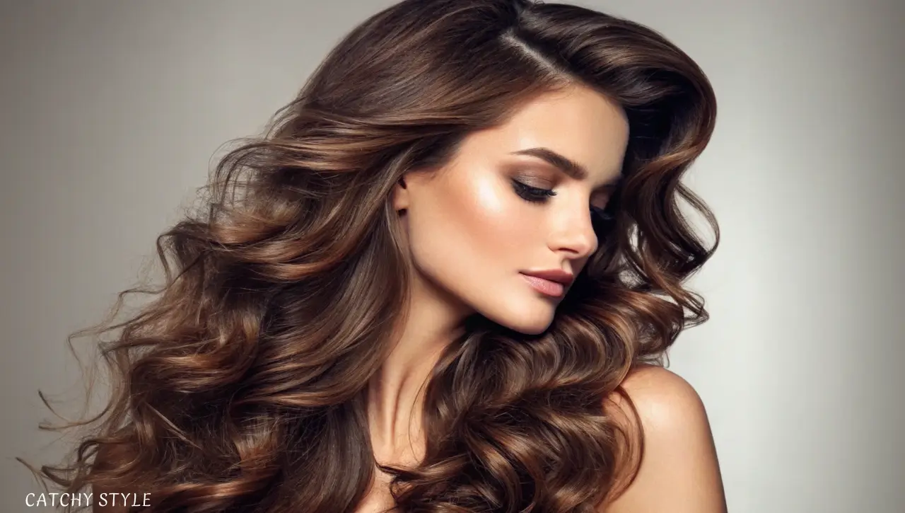 Elegant hairstyle in deep Rich Brunette hair color for a luxurious and timeless appearance Woman with glossy Rich Brunette hair color