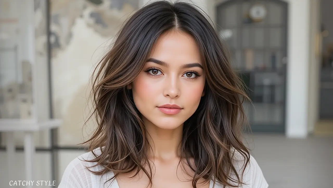 Elegant hairstyle in rich Smoky Brown hair color for a soft and sophisticated appearance Woman with glossy Smoky Brown hair color