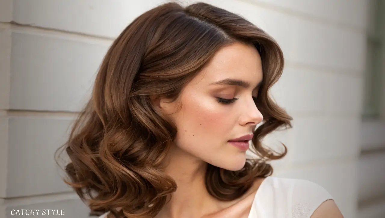 Elegant hairstyle in rich Vintage Brown hair color for a classic and sophisticated appearance Woman with glossy Vintage Brown hair color