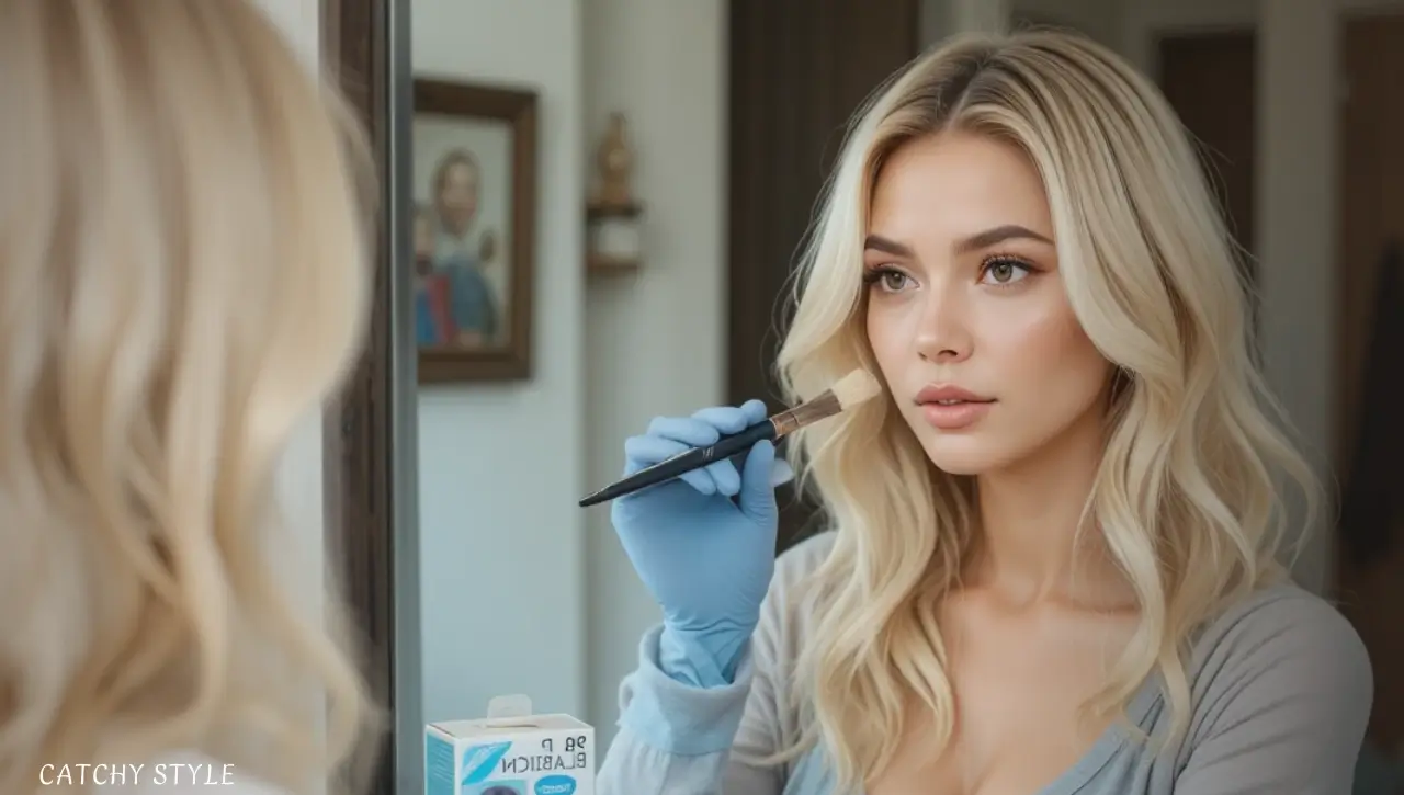 Woman dyeing blonde hair at home using a DIY kit
