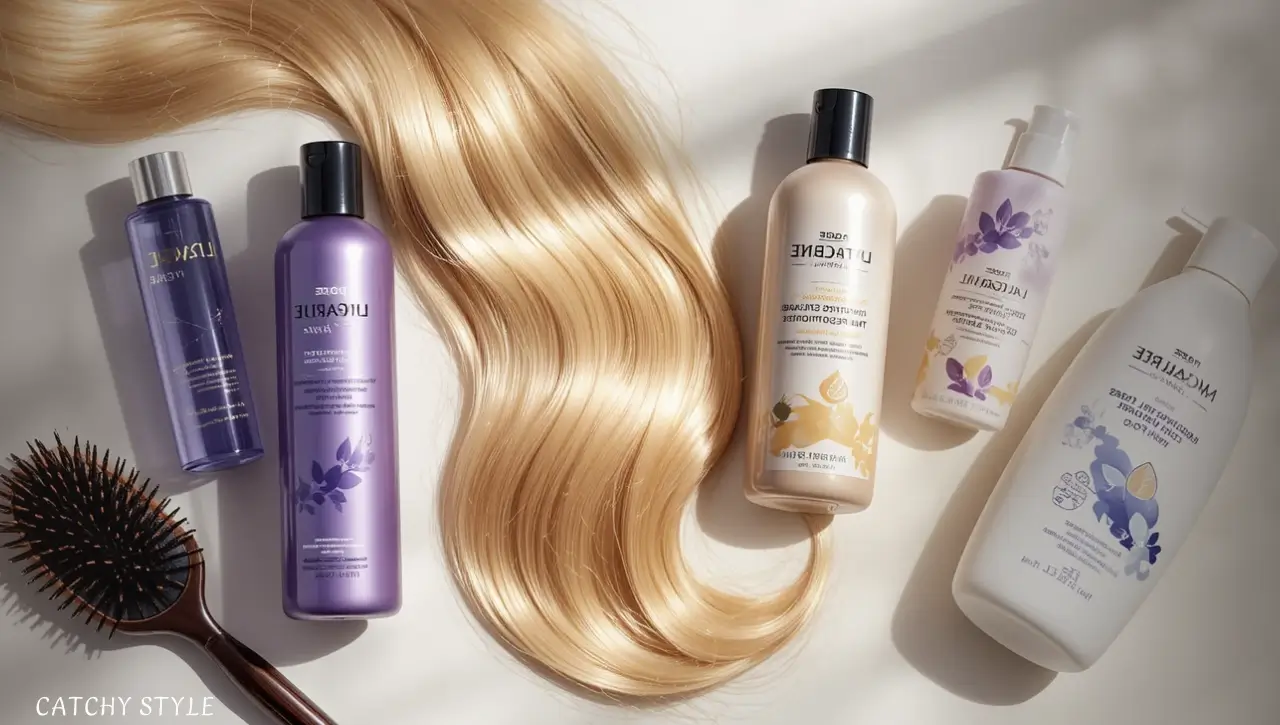 A flat-lay of the best blonde haircare products including sulfate-free shampoo, moisturizing conditioner, purple shampoo, leave-in treatment