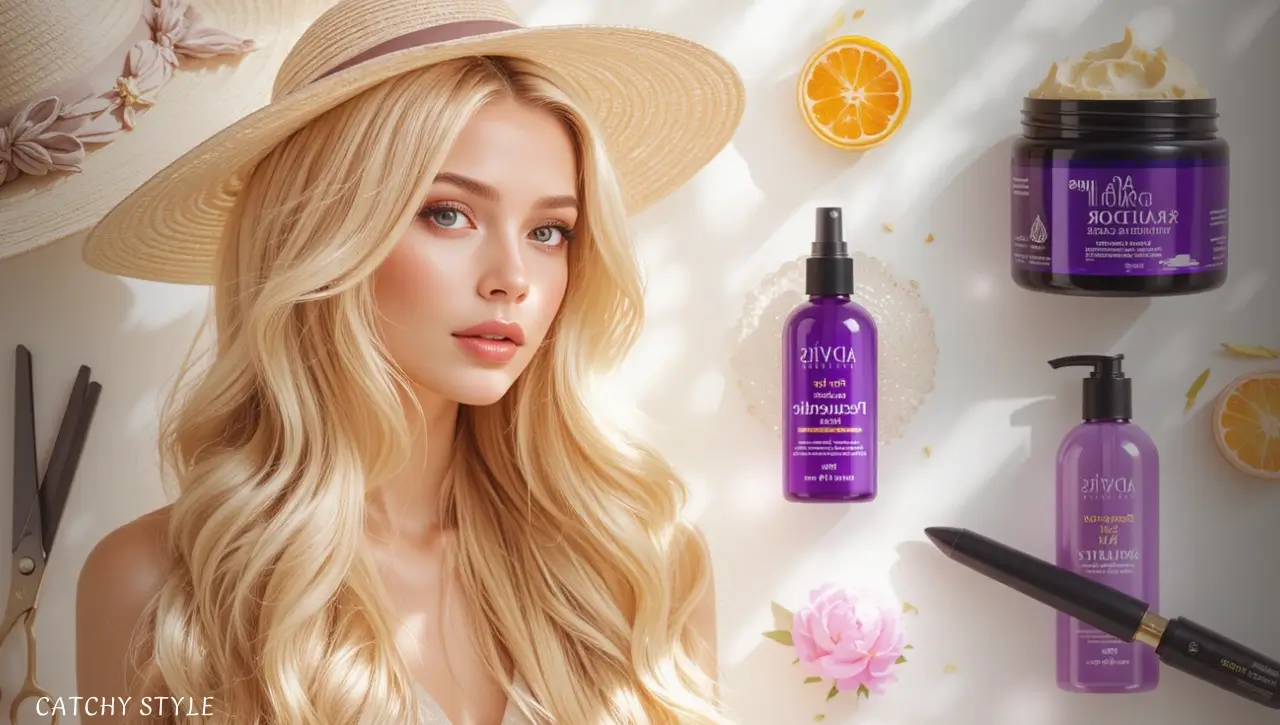 Caring tips for blonde hair with hydration, purple shampoo, heat and sun protection, and regular trims.