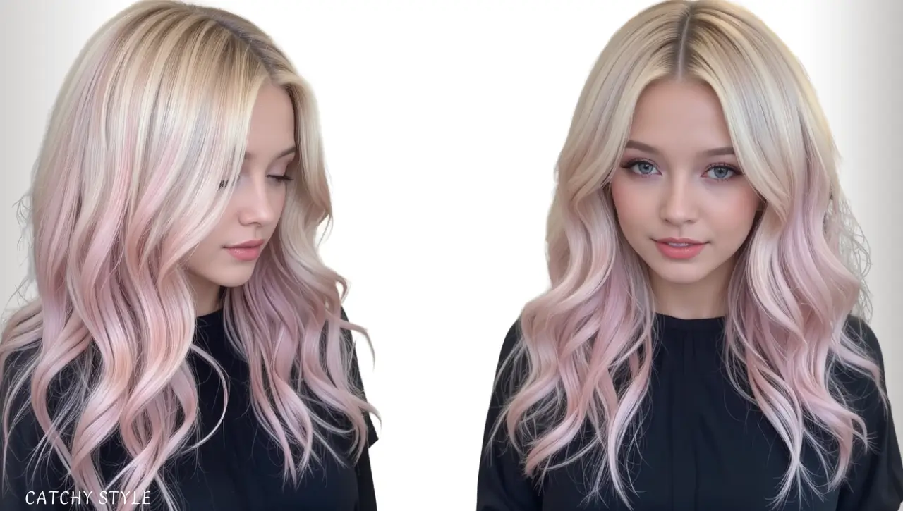 Pastel blonde hair shade with lavender blush peach hues