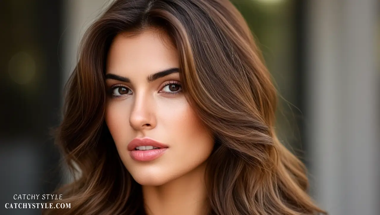 Brunette hair with soft caramel ribbon highlights