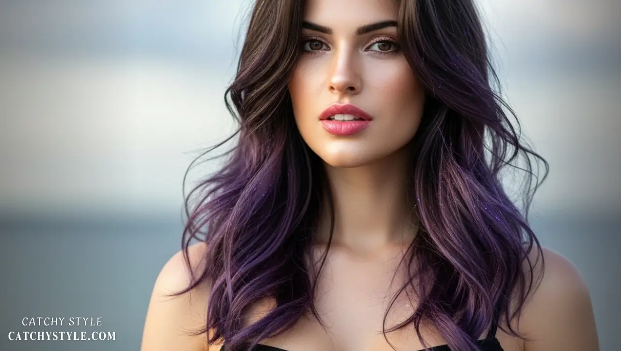Dark brunette hair with subtle plum highlights