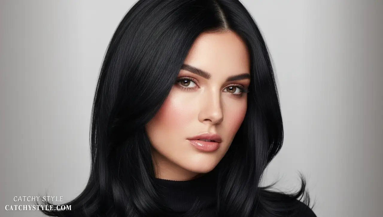 Deep obsidian brunette hair with cool ash tones