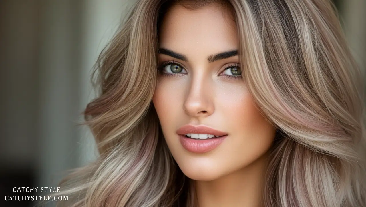 Blonde hair with beige and dusty-rose highlights