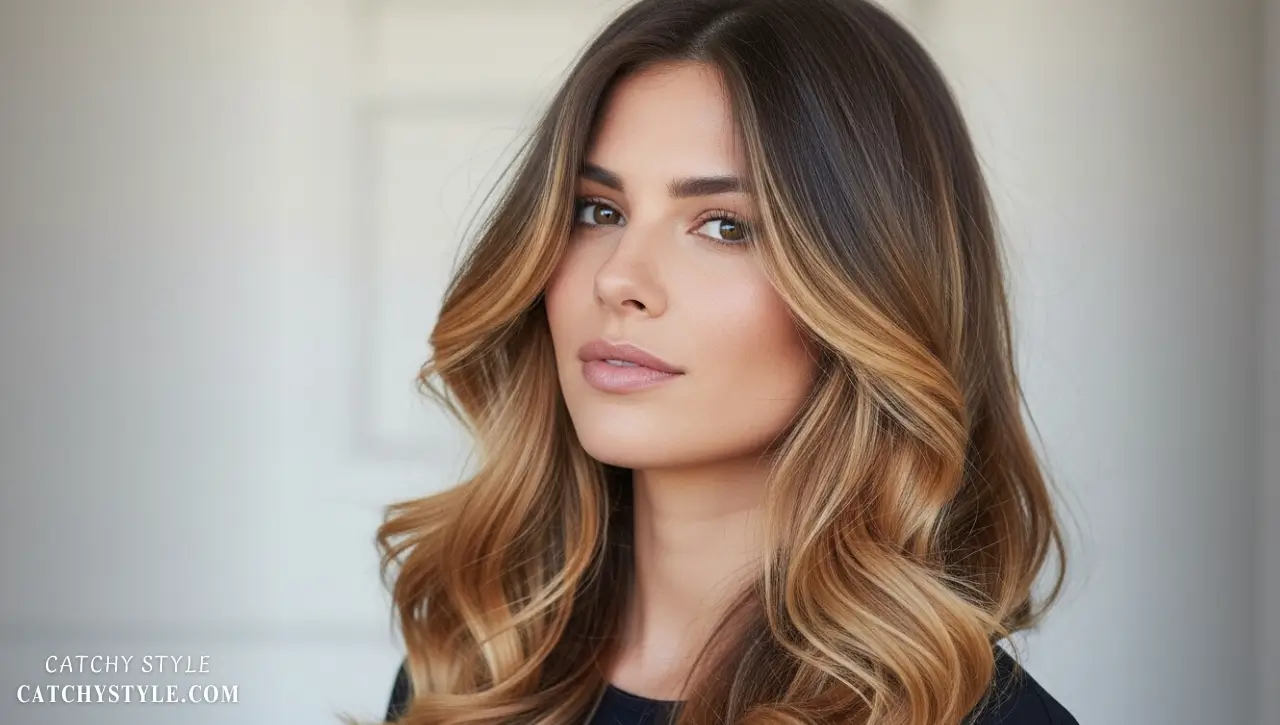 Ash-brown roots with caramel hair ends