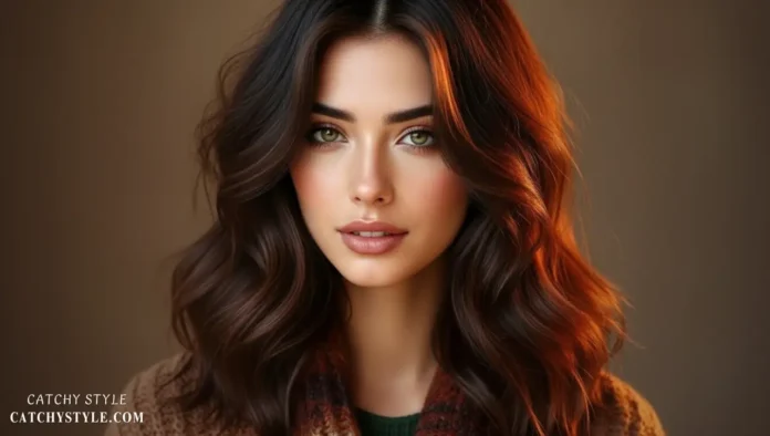 Warm fall hair color with rich autumn tones