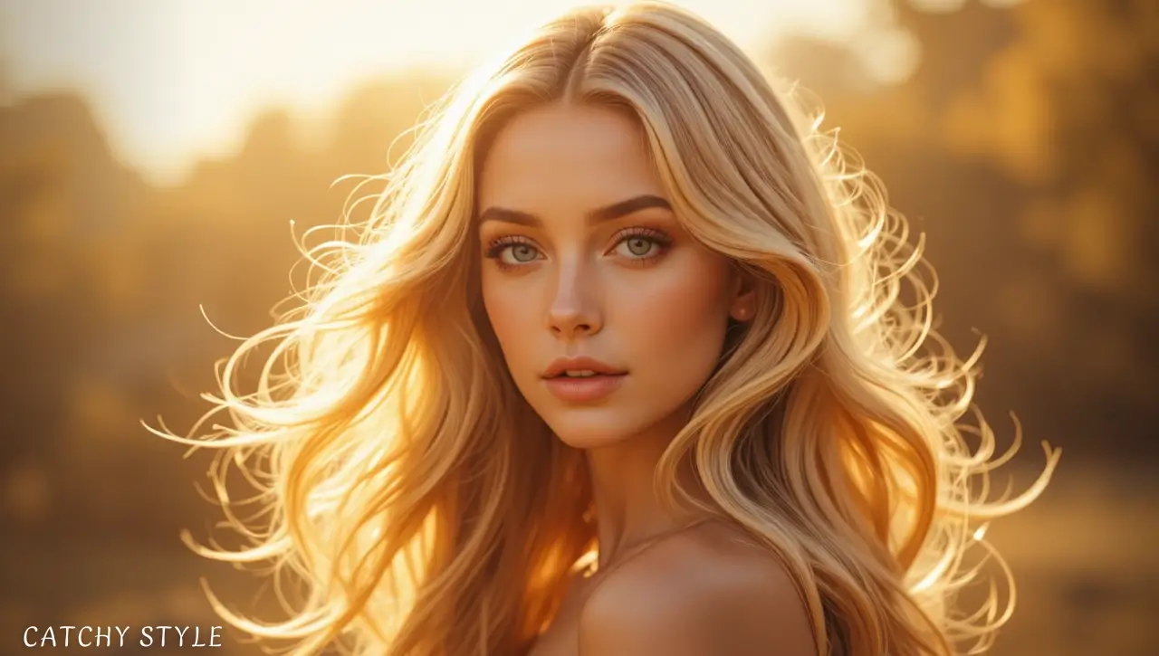Woman with warm golden blonde hair and soft waves