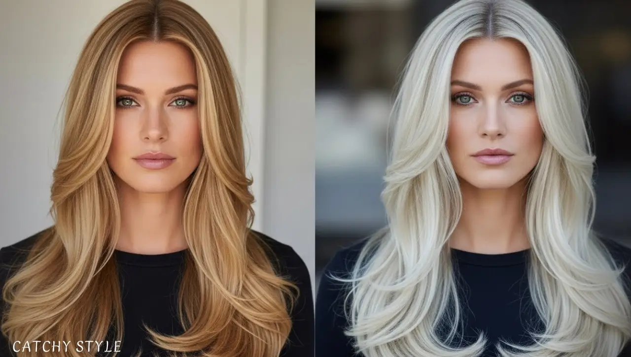 Woman with long blonde hair and blended highlights