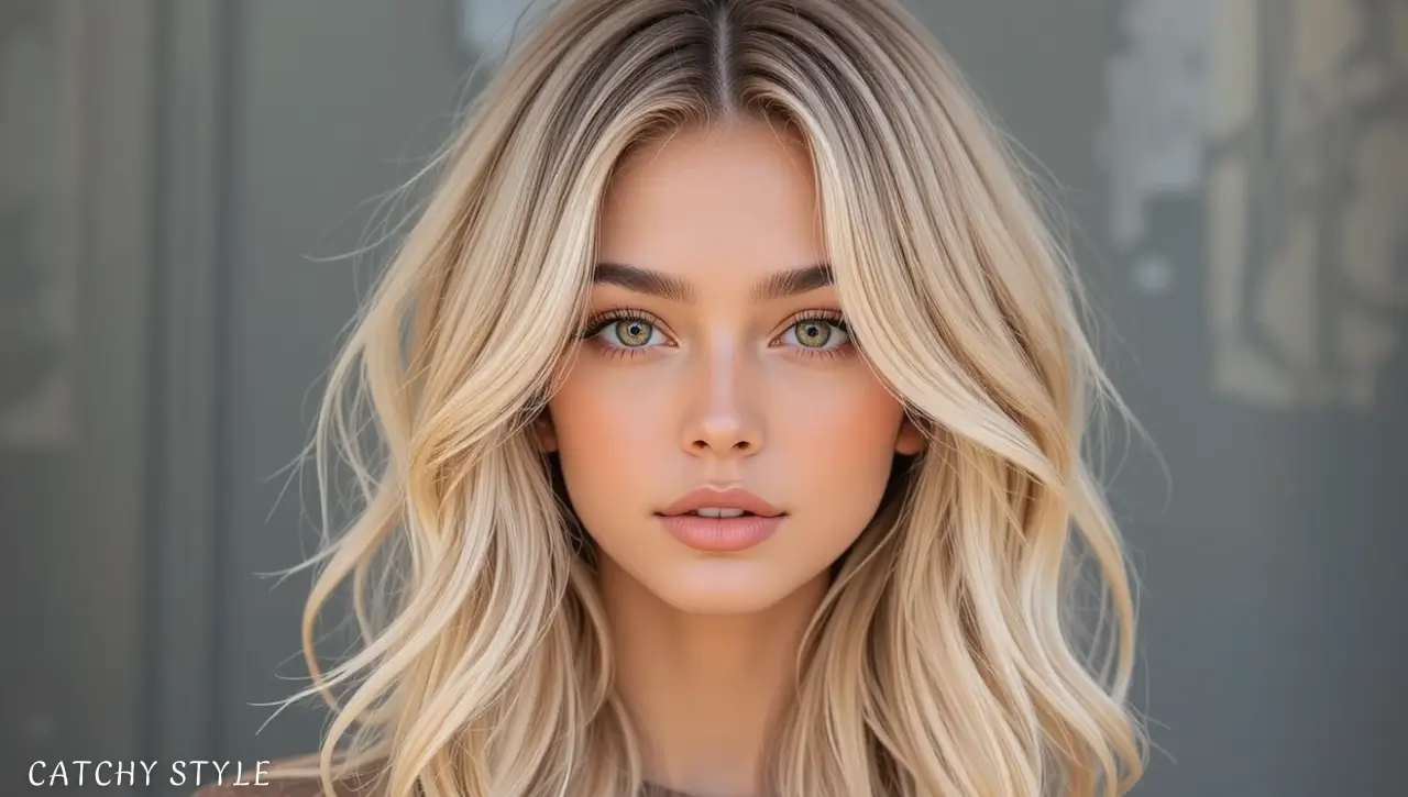 Woman with medium-length blonde hair and balayage