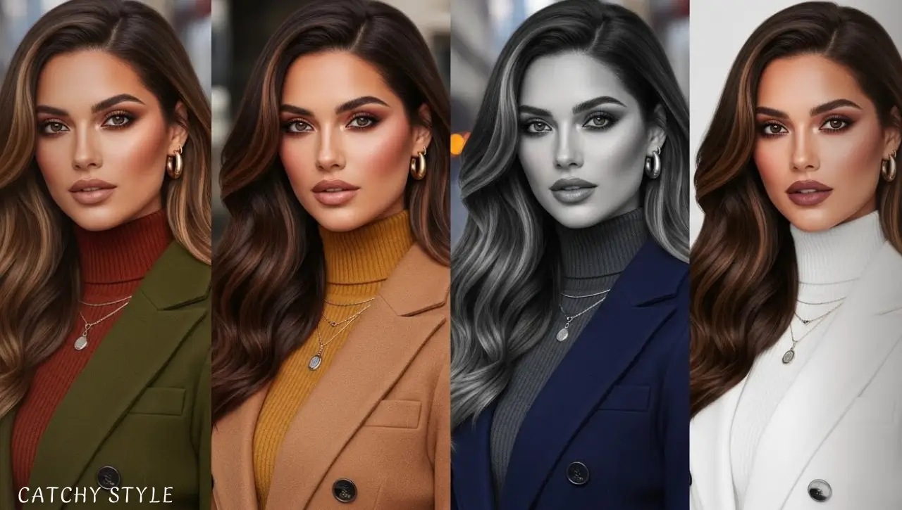 How to Pair Outfits and Makeup with Highlights Styled dark brown hair with matching outfits