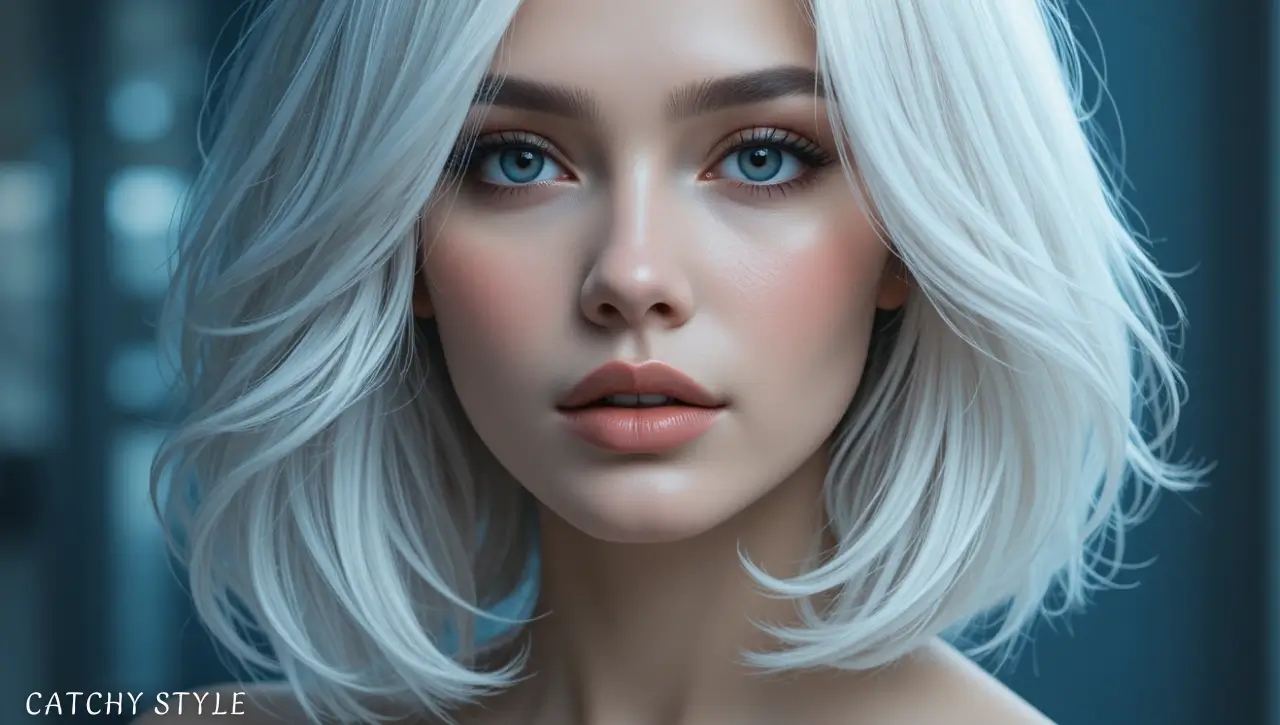 Modern woman with icy platinum blonde hair waves