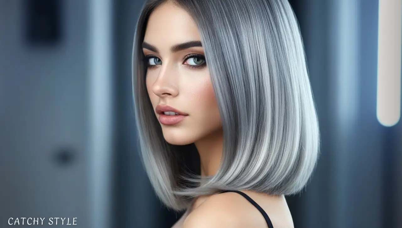 Elegant woman with sleek, smoky ash blonde hair