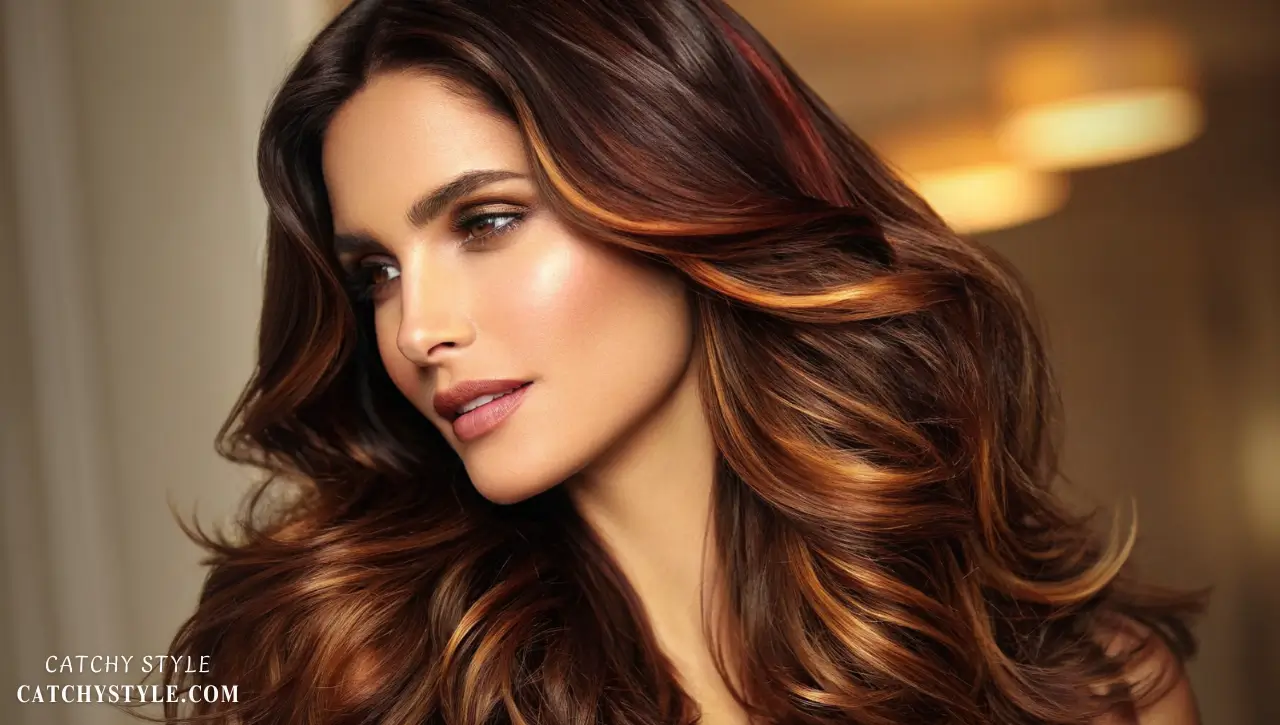Sun-Kissed Warm Highlights for Dark Brown Hair Dark brown hair with warm golden and caramel highlights