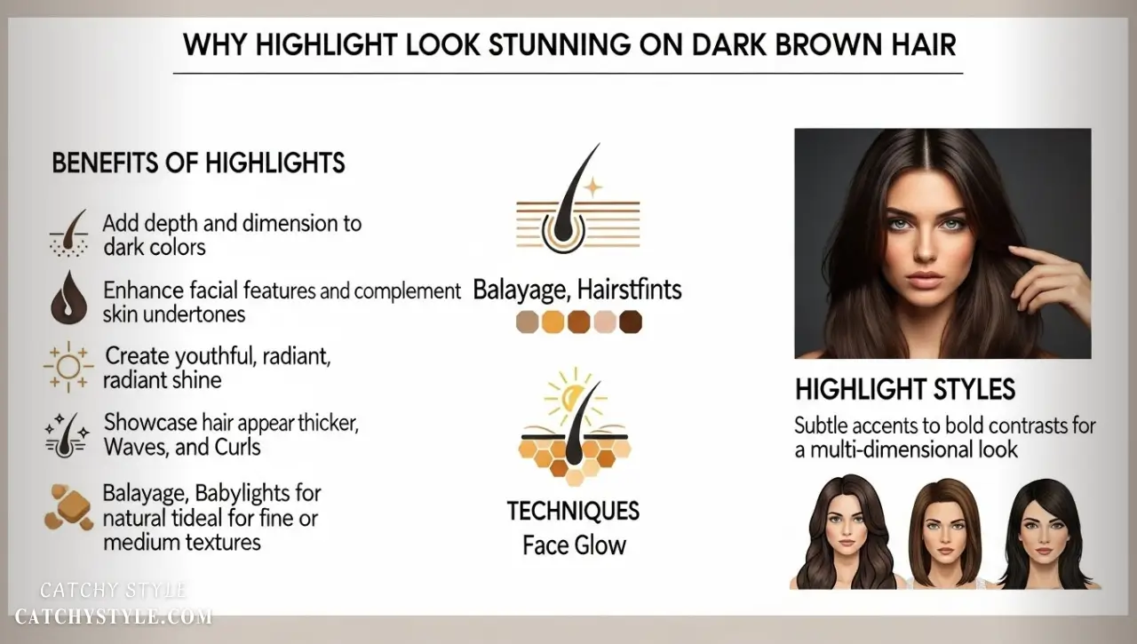 Benefits of Highlights on Dark Brown Hair for a Vibrant Look Dark brown hair with radiant multi-dimensional highlights