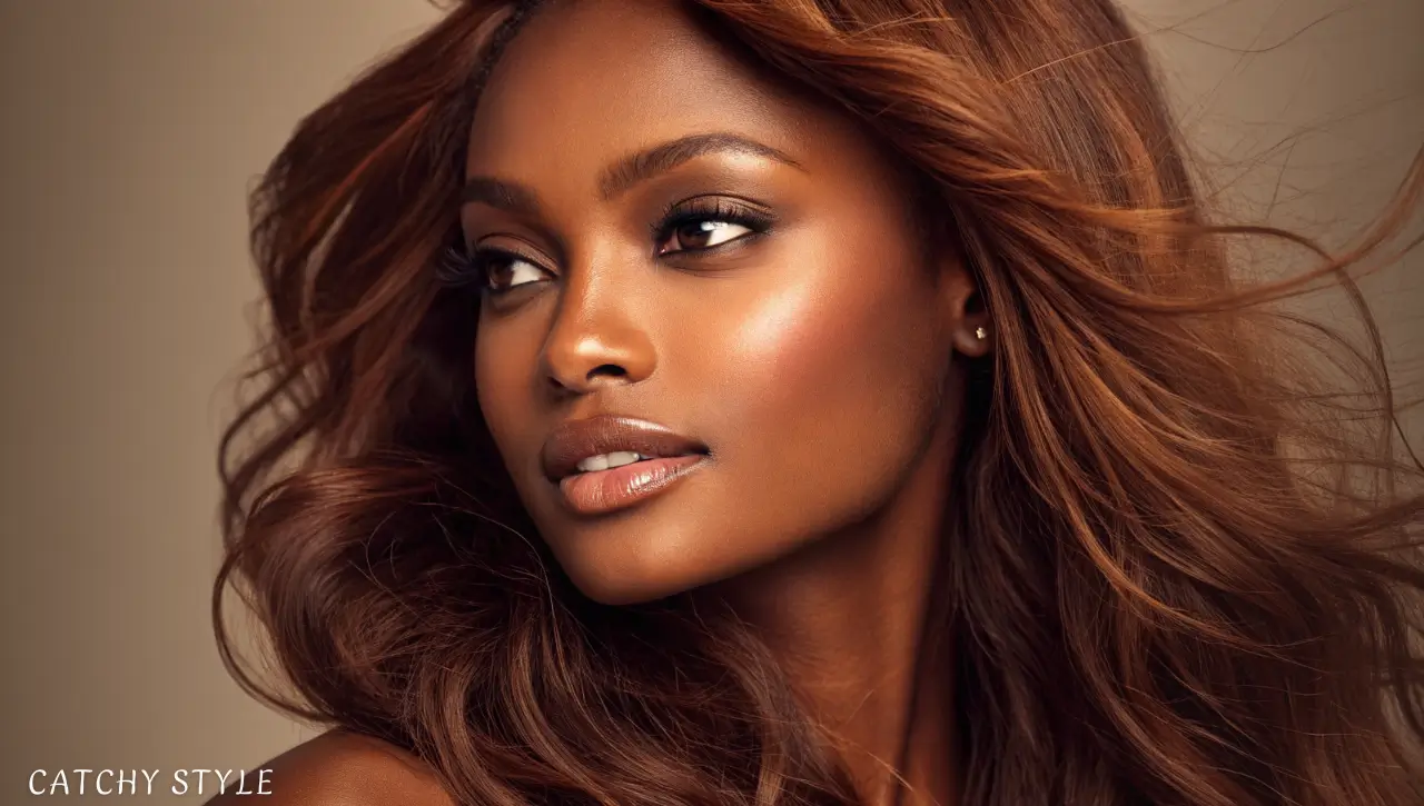 Dark-skinned woman with soft cinnamon brown hair