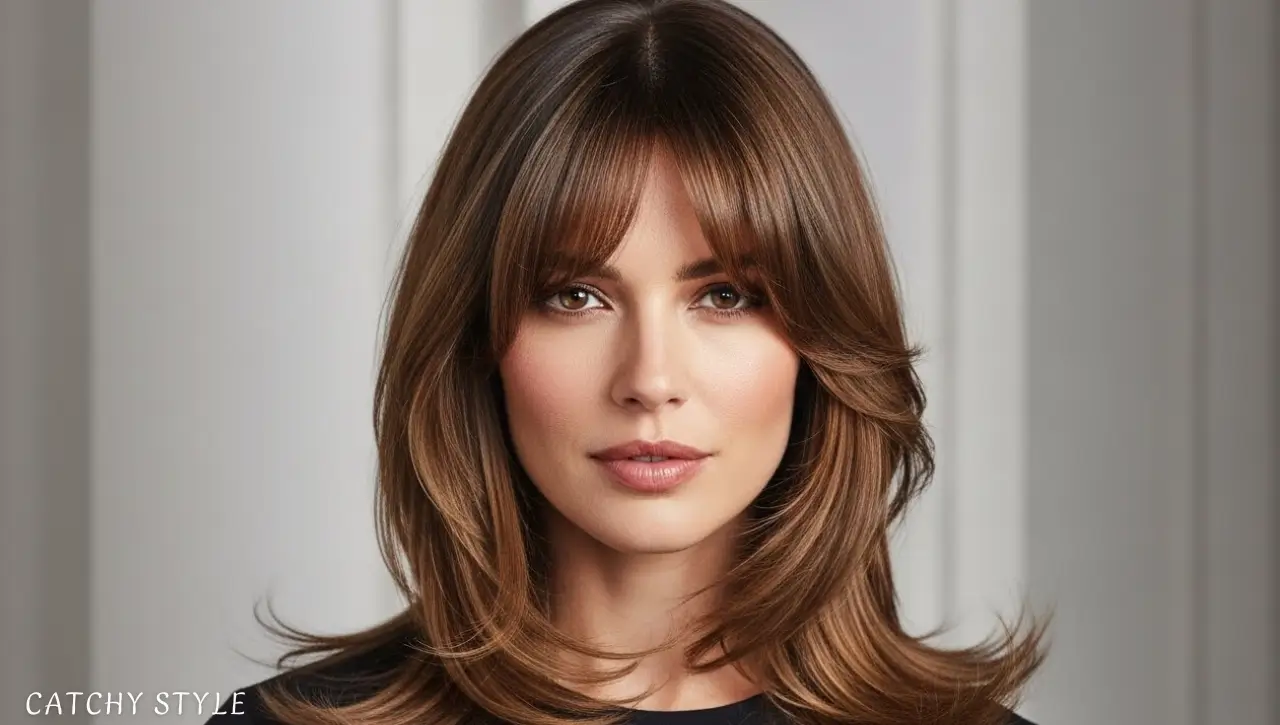 Curtain Bangs and Face-Framing Layers for Soft Look Medium-length layers with curtain bangs framing face