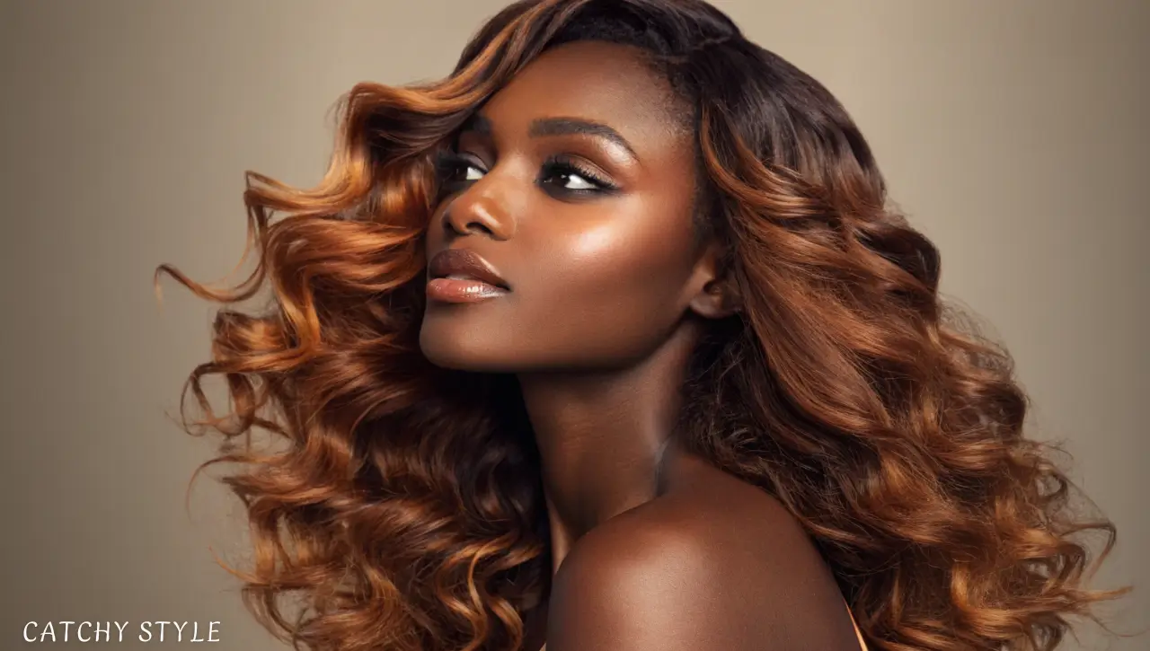 Dark-skinned woman with ginger ribbon bronze balayage