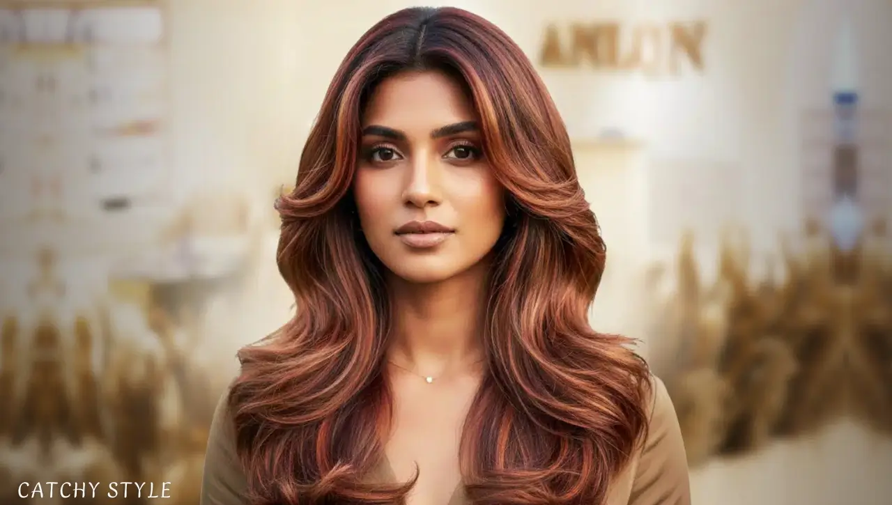 Dark-skinned woman with shiny mahogany brown hair