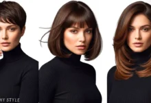 Woman showing short, medium, and long haircuts for women