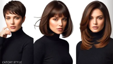Woman showing short, medium, and long haircuts for women