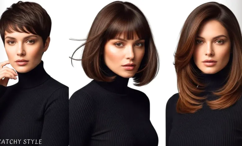 Woman showing short, medium, and long haircuts for women