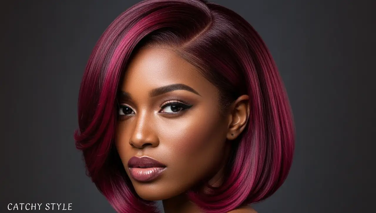 Dark-skinned woman with warm burgundy magenta hair