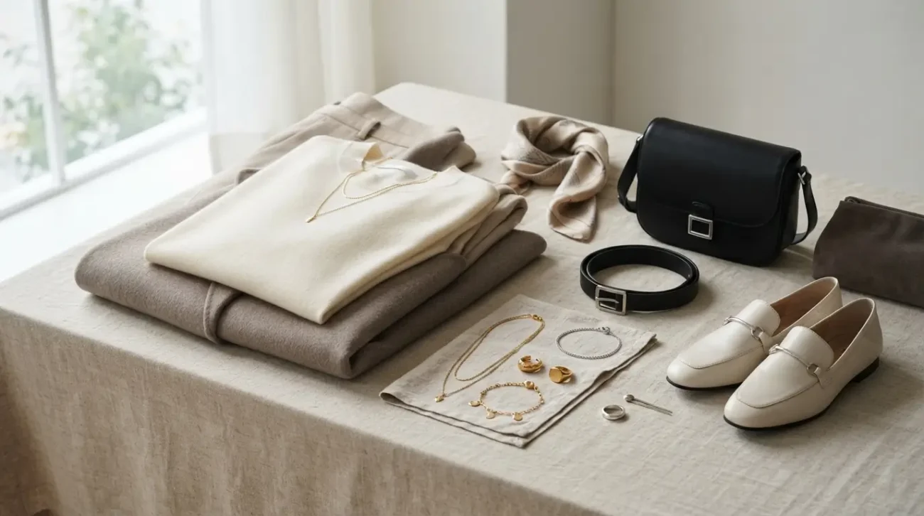 Gold and silver accessories styled with neutral clothing