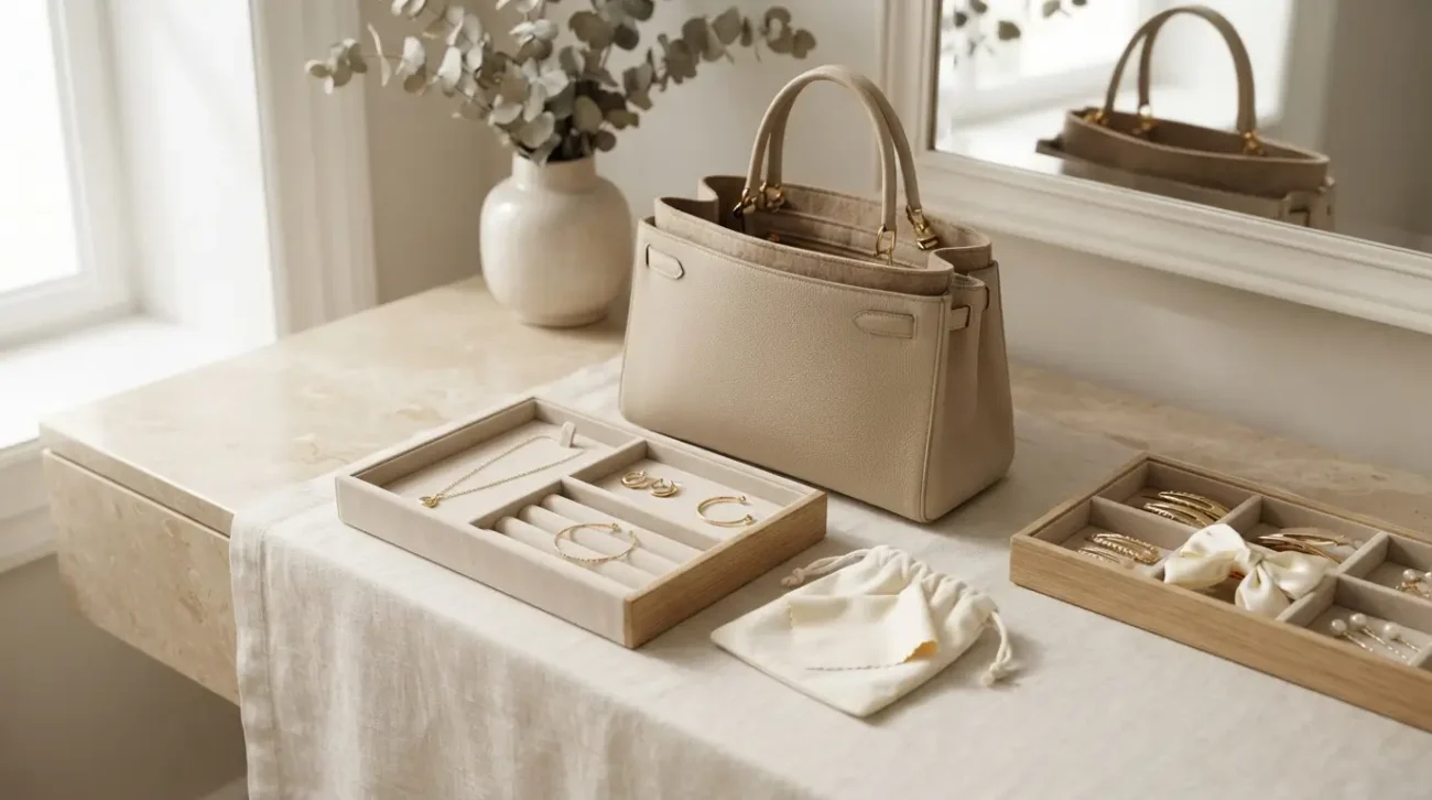 Jewelry, handbag, and hair accessories stored carefully